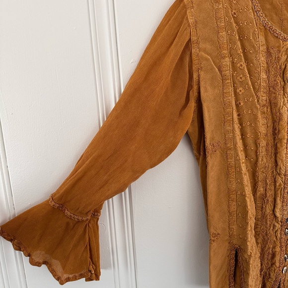 Vintage Braja Women's Mustard Bohemian Embroidered Button Down Top - Picture 6 of 11